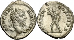 Septimius Severus (193-211). AR Denarius, 208 AD. D/ Head right, laureate. R/ Jupiter standing front, head right, brandishing thunderbolt and holding ...