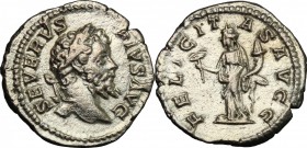 Septimius Severus (193-211). AR Denarius, 202-210. D/ Head right, laureate. R/ Felicitas standing left, holding caduceus and cornucopiae. RIC 261. AR....