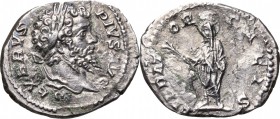 Septimius Severus (193-211). AR Denarius, 202-210. D/ Head right, laureate. R/ Emperor standing left, veiled, holding branch and roll. RIC 265. AR. g....