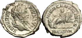 Septimius Severus (193-211). AR Denarius, 202-210. D/ Head right, laureate. R/ Dea Caelestis riding right on lion, holding drum and scepter; below, wa...
