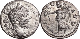 Septimius Severus (193-211). AR Denarius, Emesa mint, 194-195. D/ Head right, laureate. R/ Victoria advancing left, holding wreath and palm. RIC 425. ...