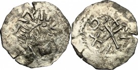 Gepids. Uncertain king. AR 1/4 Siliqua, Sirmium mint, 5th century AD. D/ Bust right. R/ Monogram. AR. g. 0.96 mm. 16.00 Heavily toned. F.