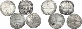 Multiple lot of 4 AR 1/4 Ecu, France; including: Louis XII, Henry III, Henry IV, Louis XIII. AR. About VF/Good F.