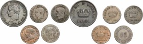 Multiple lot of 5 coins, Italy; including: Napoleon 5 Centesimi 1809, 1810, 1811, Napoleon Soldo Milan mint 1811, Venice 15 centesimi 1848.