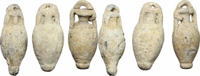 Lot of 3 lead weights in the shape of amphorae.
 Roman period, 1st-3rd century AD.
 Approx. 3,5 cm h. each.