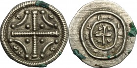 Hungary. Stephan II (1116-1131). AR Denar, 1116-1131. Unger 41. Huszár 92. AR. g. 0.43 mm. 11.00 Toned. Some encrustations but otherwise EF.