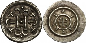 Hungary. Bela II (1131-1141). AR Denar, 1131-1141. Unger 51. Huszár 82. AR. g. 0.30 mm. 11.00 Toned. EF.