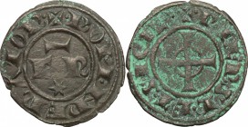 Italy. Federico II (1194-1250). BI Denar, 1247-1248, Messina mint. Spahr 143. BI. g. 0.94 mm. 18.00 Heavily toned, partly green patina. VF.
