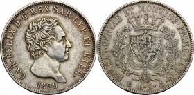 Italy. Carlo Felice (1821-1831). AR 5 Lire, Turin mint for Sardinia, 1829. KM 116.1. AR. g. 24.82 mm. 37.00 Lightly toned. About EF.
