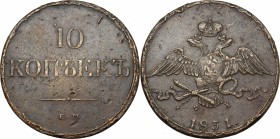 Russia. Nicholas I (1825-1855). AE 10 Kopek, Ekaterinburg mint, 1831. Bitkin 459. KM C141.1. AE. g. 47.33 mm. 43.00 VF/About VF.