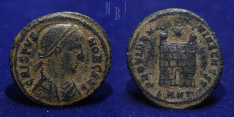 Roman Empire: Crispus, Caesar (AD 317-326) AE Follis. Camp Gate, Date: AD 324-32...