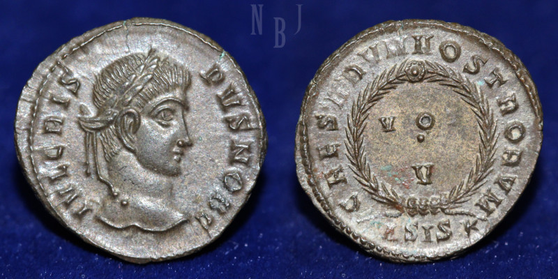 ROMAN EMPIRE: CRISPUS. AE Follis, Siscia, 320-321 AD. IVL CRISPVS NOB C; Laureat...