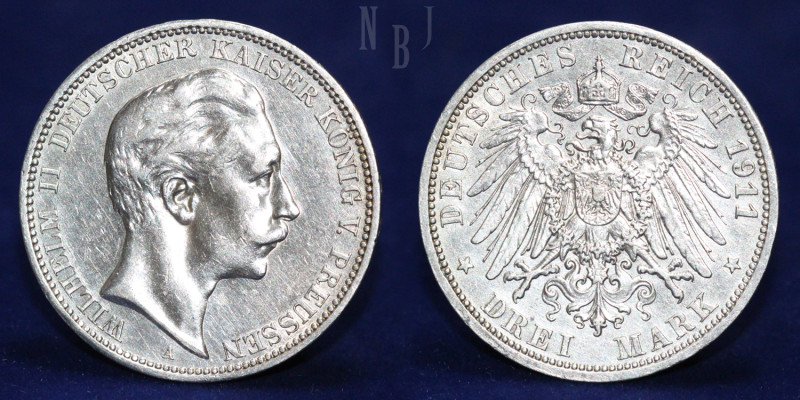 Europe Germany: 1911 A Prussia 3 Mark, Wilhelm II, AR Silver, Rev. Eagle open wi...