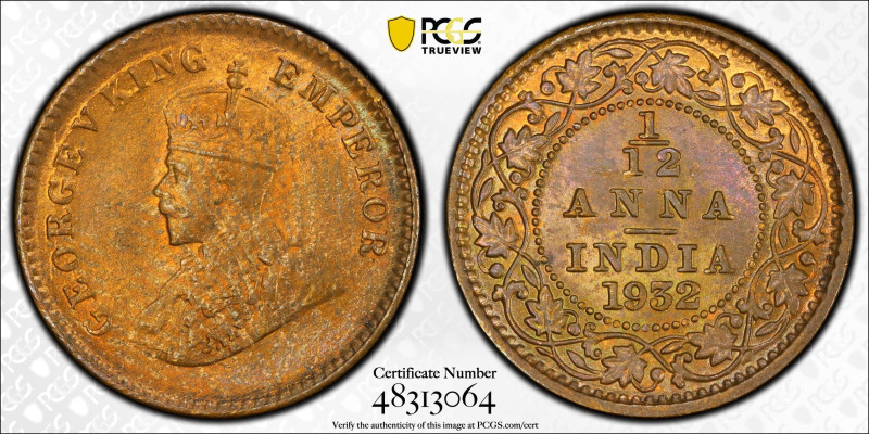 British India 1⁄12 Anna 1932(C). PCGS MS 64 RB

KM-509, SW-8.581; King George ...