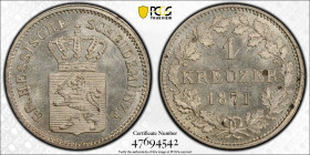 German States HESSE-DARMSTADT 1 Kreuzer 1871. PCGS MS 65. Almost TOP POP!!!