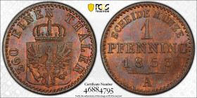 German States PRUSSIA 1 Pfennig 1863-A. PCGS MS 65 BN. Top Pop: The finest graded by PCGS! Only one copy engraved by PCGS MS 65