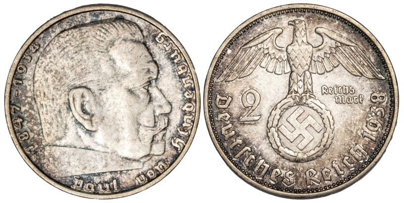 Germany 2 Reichsmark 1938 F

KM-93, AKS-33, J-366; Silver (.625), 8.00 g., 25 ...