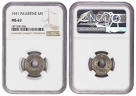 Palestine 5  Mils 1941. MS 63 NGC