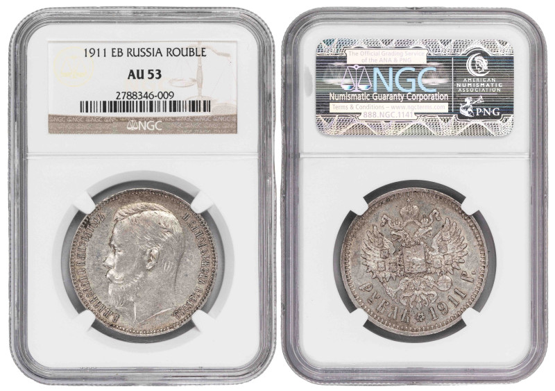 Russia Rouble 1911-EB. NGC AU53

Y-59.3; Emperor Nicholas II; Silver (.900), 2...