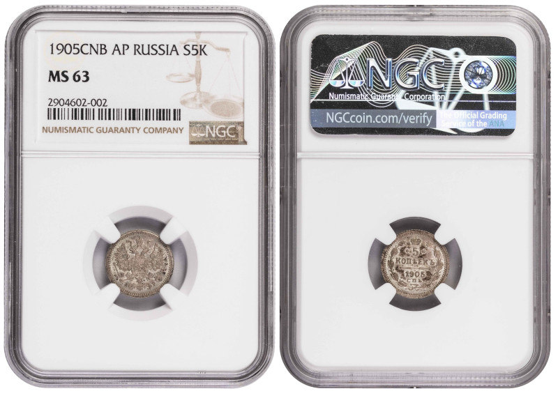Russia 5 Kopeks 1905. NGC MS 63

Y-19a.1; Nicholas II; Little gem, BU

ISBN:...