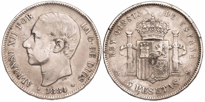 Spain 5 Pesetas 1884 MSM

KM-688, Cal-39; King Alfonso XII (1874-1885); Silver...