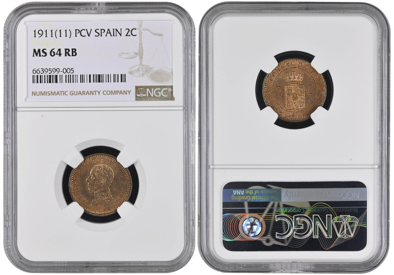 Spain 2 Centimos 1911. NGS MS 64 RB.

KM-732; King Alfonso XIII (1886-1931); B...
