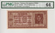 Ukraine Germany Occupation WWII 10 Karbovanez 1942. PMG 64