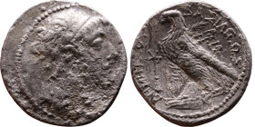 Demetrius II Nikator (Seleukid King: 144 – 138 BC and 129-126 BC ) Phoenica: Tyre – Tetradrachm Obverse: Draped bust in a diadem facing right. Reverse...