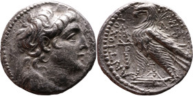 Antiochos VII Sidestes (Seleukid King: 138 – 129 BC ) Phoenica: Tyre – Tetradrachm Obverse: Draped bust in a diadem facing right. Reverse: Eagle stand...