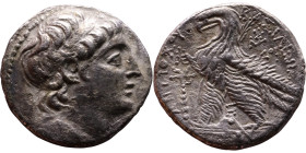 Antiochos VII Sidestes (Seleukid King: 138 – 129 BC ) Phoenica: Tyre – Tetradrachm Obverse: Draped bust in a diadem facing right. Reverse: Eagle stand...