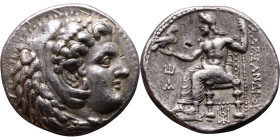 Alexander III (336-323 BC) Tetradrachm Obverse: Head of Herakles to right, wearing lion skin headdress Rev: Zeus seated left on low throne, holding lo...