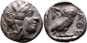 ATTICA, Athens. Circa 454-404 BC. AR Tetradrachm Obverse: Head of Athena right, with frontal eye, wearing earring, necklace, and crested Attic helmet ...