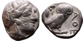 ATTICA, Athens. Circa 454-404 BC. AR Tetradrachm Obverse: Head of Athena right, with frontal eye, wearing earring, necklace, and crested Attic helmet ...
