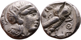 ATTICA, Athens. Circa 454-404 BC. AR Tetradrachm Obverse: Head of Athena right, with frontal eye, wearing earring, necklace, and crested Attic helmet ...