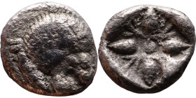 Ionia, Miletus ( late 6th-5th centuries BC) Obol. Obv: Forepart of roaring lion right, head reverted. Rev: Stellate floral pattern with central diamon...
