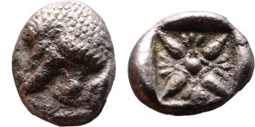 Ionia, Miletus ( late 6th-5th centuries BC) Obol. Obv: Forepart of roaring lion right, head reverted. Rev: Stellate floral pattern with central diamon...