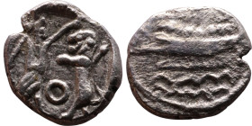PHOENICIA: Sidon (4th century) Ar Obol Obverse: Galley l.; legend in Phoenician, Reverse. Persian king battling lion

Weight:8mm 0,55g