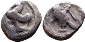 Phoenicia: Tyre ( IV century BC) Obol Obverse: Hippocamp right; waves and dolphin below. Reverse: Owl standing right, head facing; crook and flail dia...