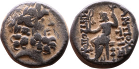SYRIA. Antioch. Civic issue (100-1 BC). AE bronze. Obv: laureate head of Zeus, r. Rev: ΑΝΤΙΟΧΕΩΝ ΤΗΣ ΜΗΤΡΟΠΟΛΕΩΣ; Zeus seated l., holding Nike and sce...