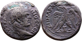 Caracalla (211-217) Tetradrachm. Obverse: Bust of emperor. Reverse: ΔHMAPX Є-ΞOYCIAC, eagle standing left, head right, wreath in beak, tail right, win...
