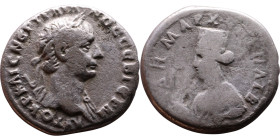 Trajan (98-117) Didrachm of Caesarea, Obv: AYTOKΡ KAIC NEΡ TΡAIANOC CEB ΓEΡM, laureate head right Rev: ΔHMAΡX EΞ YΠAT B, female bust left, in tall hea...