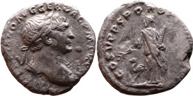 Trajan (AD 98-117) AR Denarius Obv: Bust of emperor. Reverse: Arabia standing left, holding branch and bundle of reeds, camell to left

Weight:17mm ...