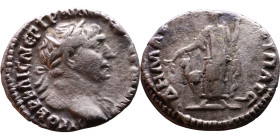 Trajan (98-117) Arabia: Bostra. Didrachm. Obverse: aureate head right, slight drapery Reverse: Arabia standing facing, head left, holding branch and b...