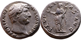 Hadrian (117-138) Denarius. Obv: Bust of emperor. Reverse: Felicitas standing left, holding caduceus and branch.

Weight:16mm 3,09g