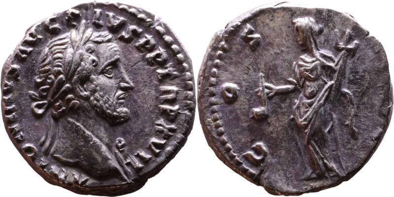 Antoninus Pius (138-161) Denarius. Obv: Bust of emperor. Rev: Vesta standing lef...