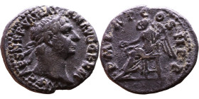 Trajan (98-117) Denarius. Obv: Bust of emperor. Rev: Victory, draped, seated left on seat without back, holding patera in right hand and palm in left...
