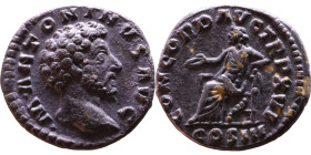 Marcus Aurelius (161-180) Denarius. Obverse: Bust of Emperor. Reverse: Concordia seated left with patera and leaning on cornucopiae.

Weight:17mm 3,...