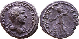 Hadrian (117-138) Denarius. Obv: Bust of emperor. Reverse: Minerva standing left, holding patera over altar and spear.

Weight:16mm 3,09g