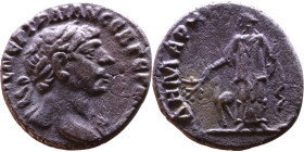 Trajan (98-117) Arabia: Bostra. Didrachm. Obverse: aureate head right, slight drapery Reverse: Arabia standing facing, head left, holding branch and b...