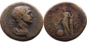 Trajan (98-117) Sestertius. Obverse: Bust of emperor. Reverse: Providentia standing left, resting elbow on column and pointing to globe at feet

Wei...